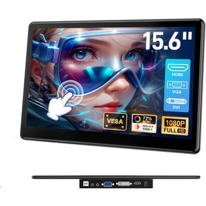 15.6 inch Portable Touchscreen Monitor with HDMI VGA DVI Ports, Screen Extender FHD 19201080 IPS Small Touch Screen Display Compatible with Laptops PC PS5/4, Industrial (with Remote)