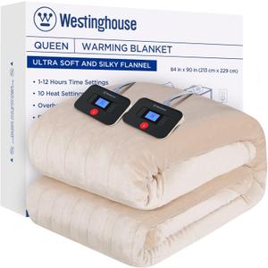 Westinghouse Electric Blanket Queen Size, Super Cozy Soft Flannel 84"" x 90"" Heated Blanket with 10 Fast Heating Levels & 1-12 Auto-Off, Machine Washable, ETL&FCC Certification, Beige