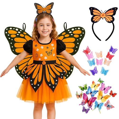 ZZIHAN Monarch Butterfly Costume for Girls 5–7 – Fairy Dress Up Outfit with Tulle Dress & Fairy Wings, Butterfly Headband & Hair Clips, Great for Halloween, School Plays or Birthday Parties, 130
