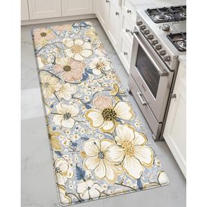 DEXI Kitchen Mats for Floor, 17x59, Cushioned Standing Mat Anti Fatigue, Waterproof Comfort Floral Padded for Laundry Room Office, Blue and Yellow