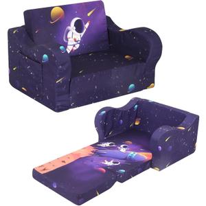 Kids Sofa, 2-in-1 Flip-Out Foam Couch, Foldable Soft Play Lounge Chair, Dark Purple