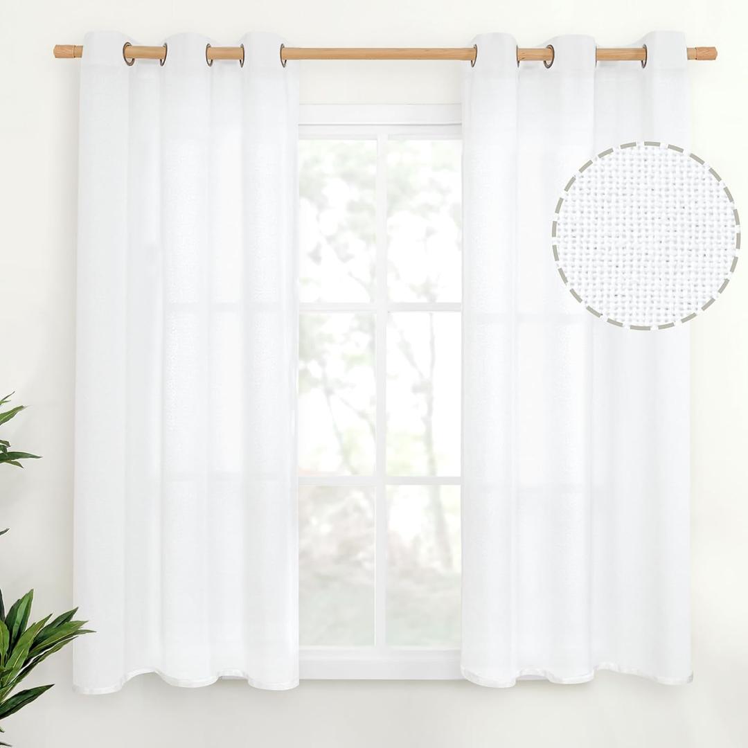 YoungsTex 48 Inch Length White Linen Curtains, Short Light Filtering Drapes with Bronze Grommet Semi Sheer Privacy for Bedroom Living Room Window, 42 X 48 Inch, 2 Panels