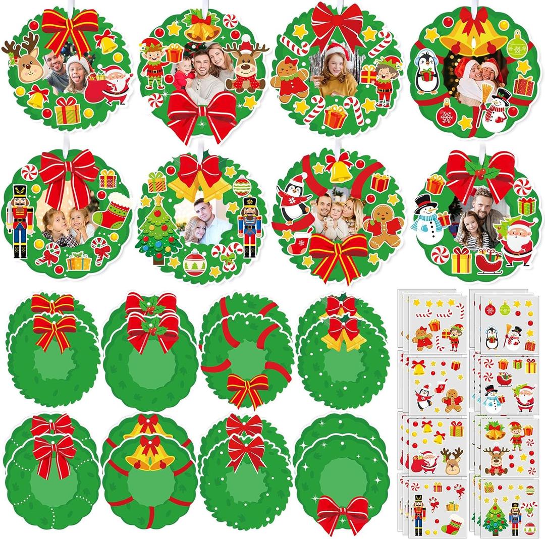 Dianelhall 24 Sets Christmas Picture Frame Craft Kit Xmas Wreath Photo Crafts Christmas Picture Frames Gift with Santa Stickers for Classroom Xmas Holiday Party Activities(Wreath)