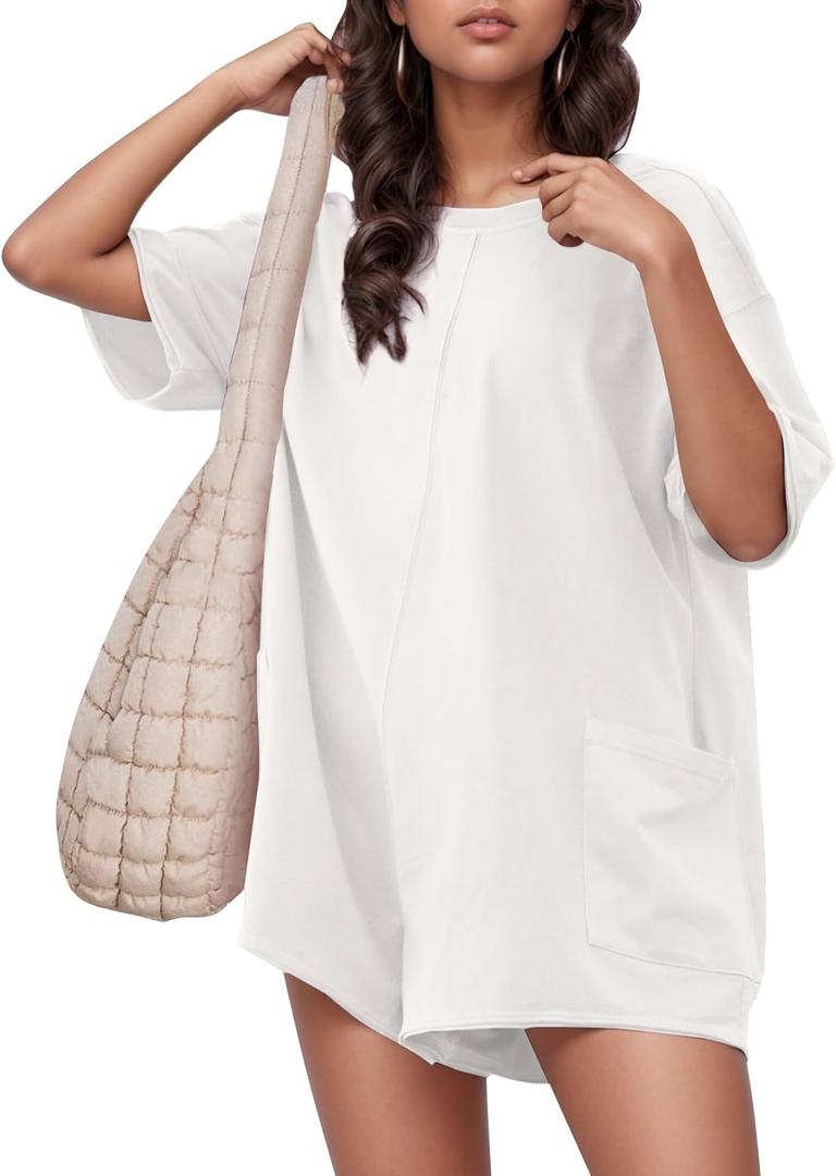 Flygo Women's Romper Short Sleeve Tee Rompers Crewneck Jumpsuit Back V Neck Casual Hot Shot One Piece Outfits with Pockets (White, S)