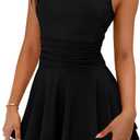 YBSKG Womens Ruffle Hem Crewneck Mini Dress Sleeveless Ruched Elastic Waist A-Line Short Party Dresses (Black, L)