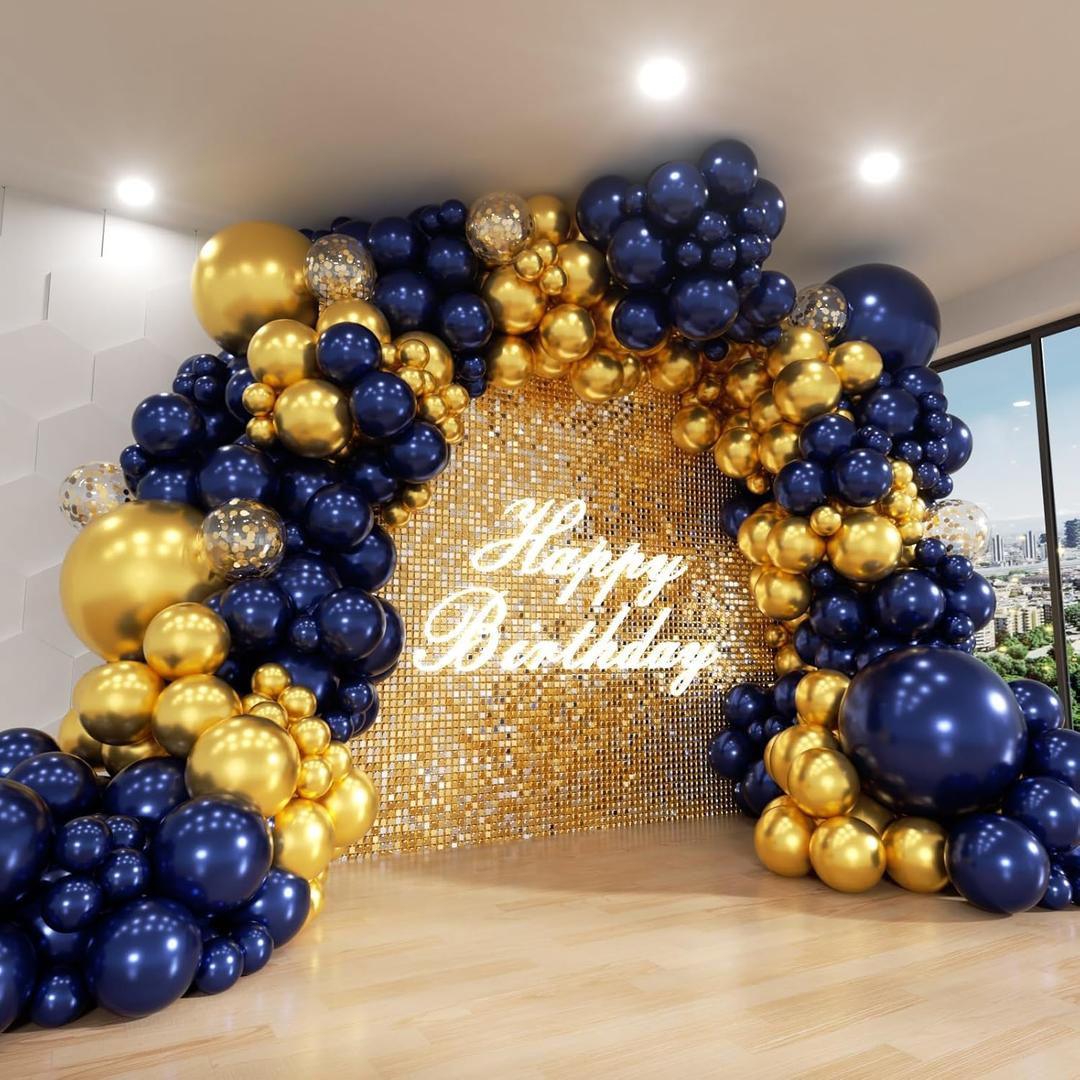 Blue and Gold Balloon Arch Kit, ADOINBY 144Pcs Navy Blue Metallic Gold Latex Balloon Garland kit, 18 12 10 5 Inch Different Size Balloons for Graduation Birthday Anniversary Party Decorations