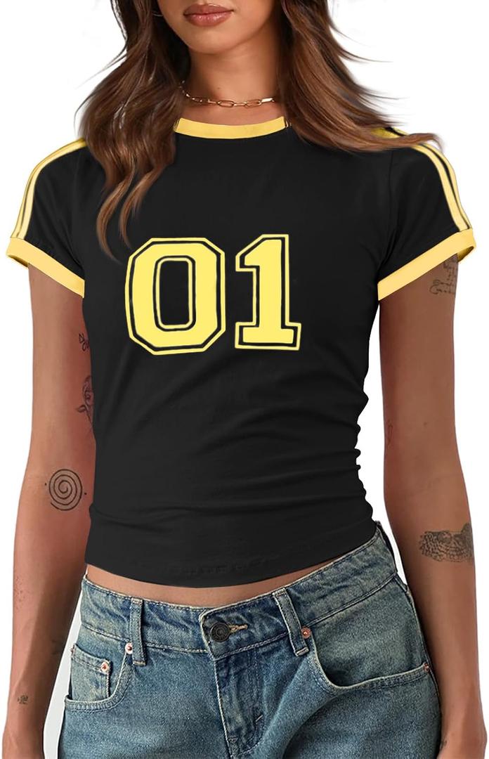 Imily Bela Womens Y2k Baby Tees Crop Letter Print T Shirt (Black)