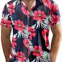 JOGAL Men's Flower Casual Button Down Short Sleeve Hawaiian Shirt (3X-Large, Navy)