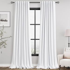 Full Black Out White Window Curtain Panels 102 Inches Long 2 Panels Set for Living Room Cotton Textured Long Blackout Curtains With White Backing Thermal Insulated Drapes for Winter Nursery Bedroom