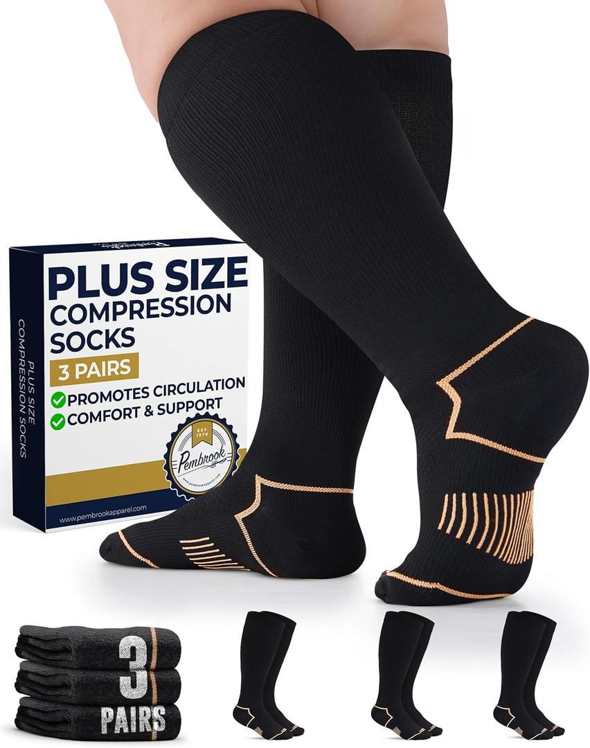 Pembrook Plus Size Compression Socks for Women Wide Calf - 3 Pairs, 20-30mmHg Extra Wide Calf Compression Socks, Up to 4XL