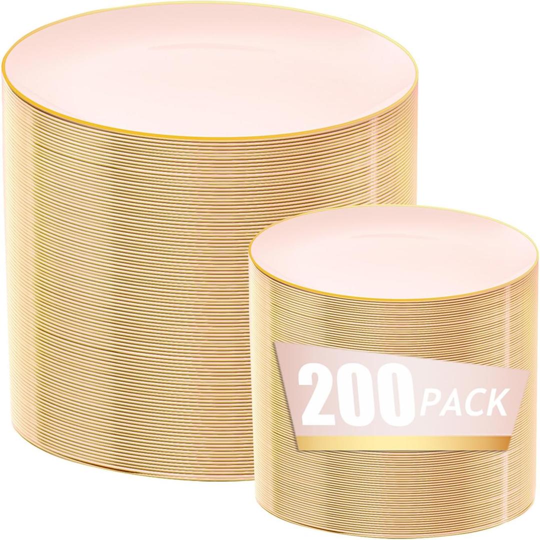 bUCLA 200PCS Pink Plastic Plates - Heavy Duty Pink Disposable with Gold Rim - Include 100 Each (10 inch Dinner & 7 inch Dessert) Plates, Ideal for Party, Wedding & Mother's Day