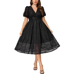 Plus Size Summer Dresses for Women 2025 V Neck Lace Midi Dress Semi Formal Short Sleeve Wedding Guest Cocktail Prom (X-Large, Black)