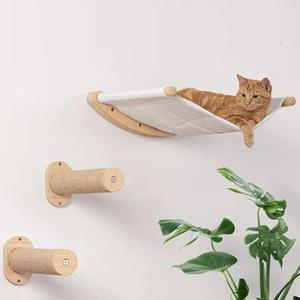 2 Pcs Cat Wall Steps with Hammock,Wall Mounted Space Saving Birch Wood Cat Wall Shelves,Multi Layer Stable Cat Climbing Ladder with Scratching Cushion for Hopping and Sleeping