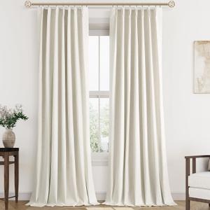 Cream Linen Blackout Curtains 108 Inch Length 2 Panels Set for Living Room Bedroom, Pinch Pleated Thermal Insulated 100% Black Out Curtains with Hooks, Room Darkening Back Tab Drapes Natural