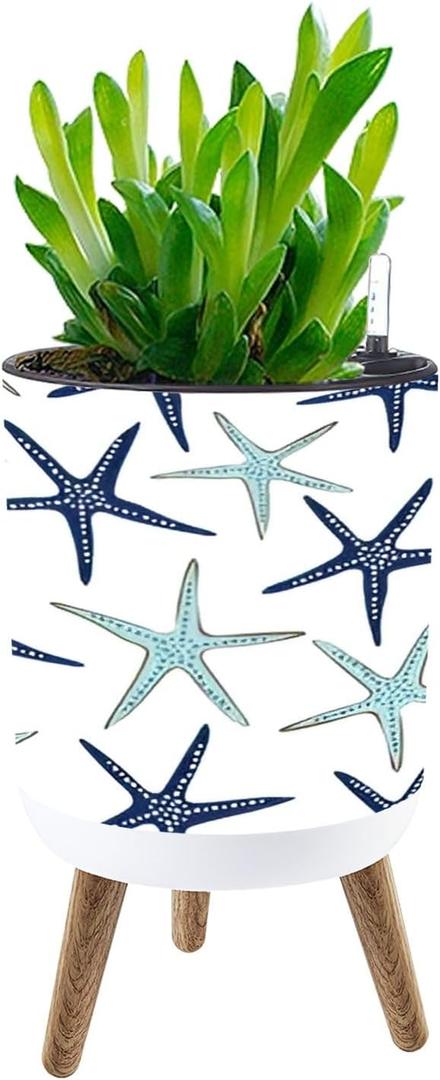Standing Planter Coastal Nautical Starfish Repeat Navy Blue Turquoise White 8.7" W x 14"H Self-Watering Indoor Plant Pot with Legs (Multi5)