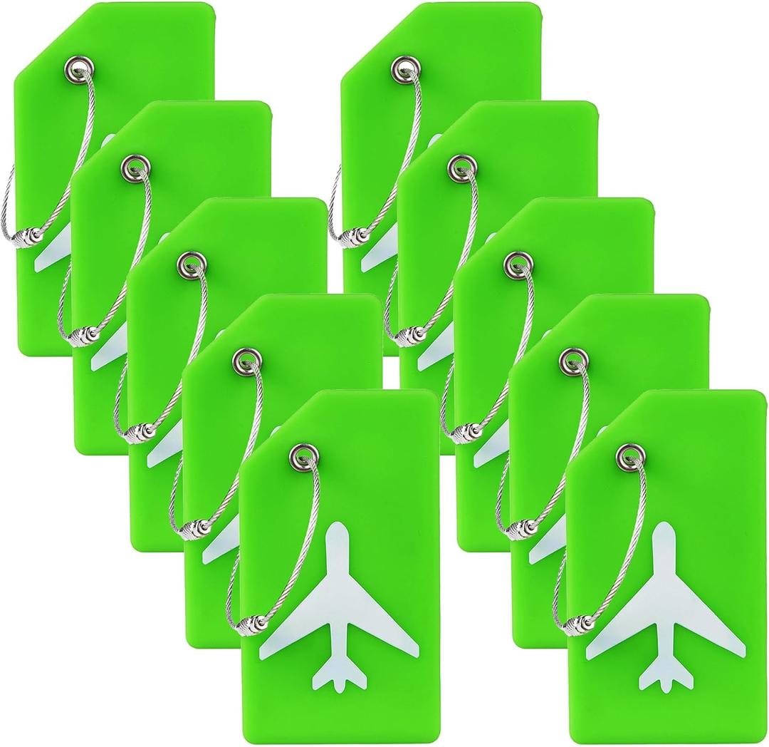 10 Pack Silicone Luggage Tag for Suitcases with Stainless Loop, TSA Approved, Privacy Protection Travel Essentials Bag Tags by Gostwo, Green