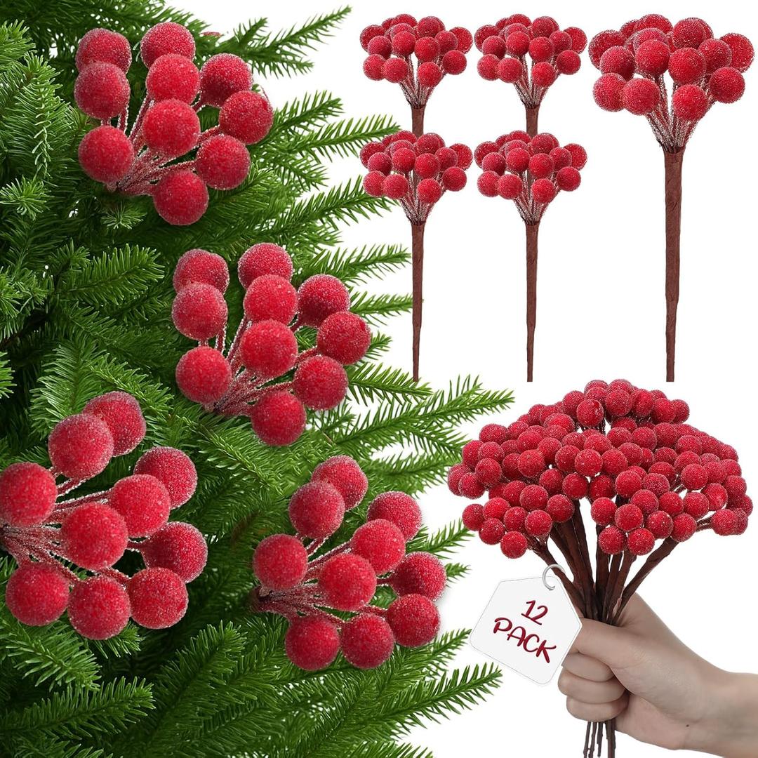 Leinuosen 12 Pack Christmas Tree Red Sugared Berry Picks 9 Inch Artificial Christmas Wreath Berry Stems Xmas Branches Ornaments Decorations for Tree Topper Vase Fillers Home Table Decor