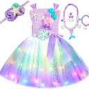 Mermaid Costume for Girls Birthday Party Gifts Halloween Tutu Princess Dress Outfits (7-8 Years, Led Lavender)