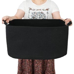Large Rectangle Blankets Basket Living Room 22"x17"x12" Woven Cotton Rope Storage Baskets for Nursery Toy Baskets for Kids and Dogs Wicker Laundry Basket Bin for Clothes Towels, Black