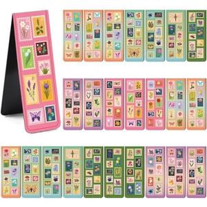 Pack of 3, Berirexrion Cute Flower Magnetic Bookmarks - 30 PCs Postage Stamp Book Marks Reading Women Bookish Gifts Bulk Aesthetic Floral Plant Magnet Page Markers for Book Lovers Reader Kid Girl School Birthday