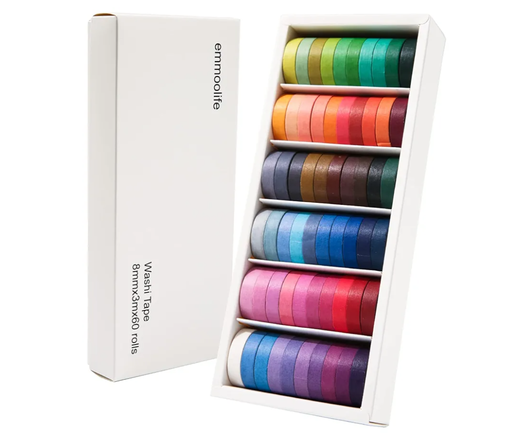 60 Rolls Washi Tape Sets 8mm Wide 10ft Long Basic Solid Color Rainbow Colored Decorative Thin Masking Tapes for Arts, Children Gifts, Bullet Journals, Wrapping Planner, Calendar, Scrapbooking DIY