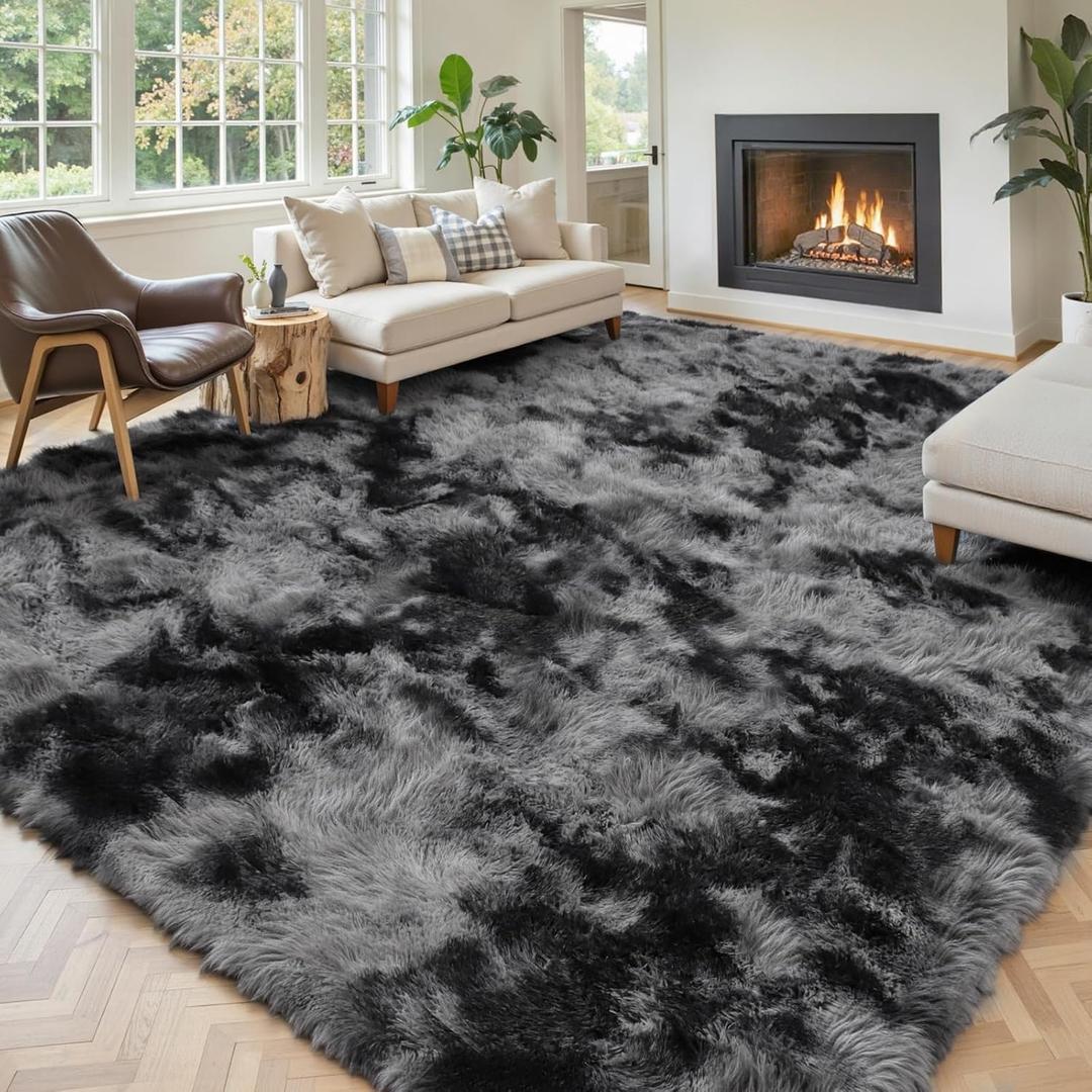 Area Rugs 9x12 Living Room, Large Area Rug Shag Shaggy Carpet Soft Plush Furry Bedside Rug, Machine Washable Area Rugs for Bedroom Kids Girls Boys Anti Slip(9 x 12, Dark Grey Tie-Dyed)