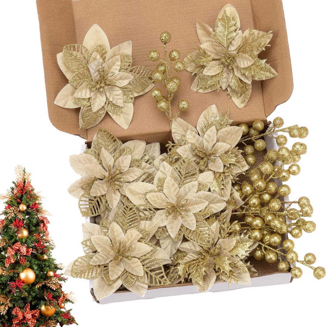 24 Pcs Gold Boxed Christmas Poinsettia Flowers Set, 16 Pcs Artificial Poinsettias with Clips, 8 pcs Glitter Christmas Tree Ornaments Berry Stems for Wedding Home Holiday Xmas New Year Decorations