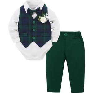 YUEMION Baby Boy Clothes Suit Infant Gentleman Wedding Outfit Formal Dress Shirt+Vest+Tie+Corsage+Pants 5Pcs Tuxedo Set 0-18M (0-3 Months, White and Green)