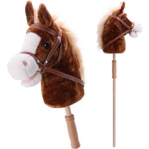 Linzy Toys 35.5" Plush Stick Horse - Funny Hobby Horse with Pony Sound, Soft Realistic Mane & Durable Leather Reins, Pretend Play Riding Toy for Boys & Girls Ages 3+ (Brown)