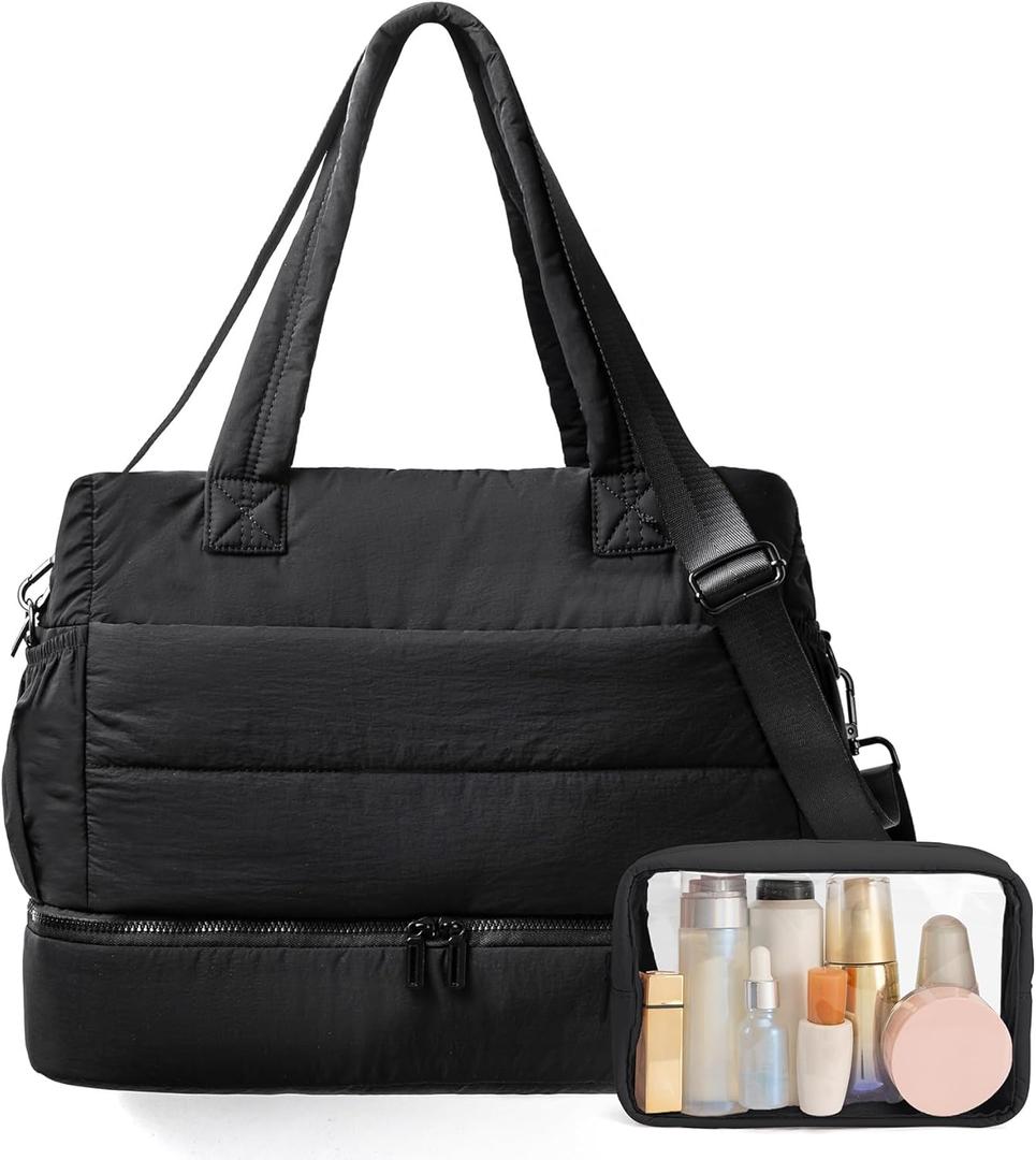 Gym Bag for Women Travel Bag Puffer Duffle Bags Large Carry On Weekender Bags Lightweight Overnight Bag for Women Nurse Bag with Shoes Compartment (Black)