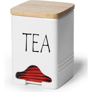 Ceramic Farmhouse Tea Bag Storage Organizer Caddy Holder with Lid (White)