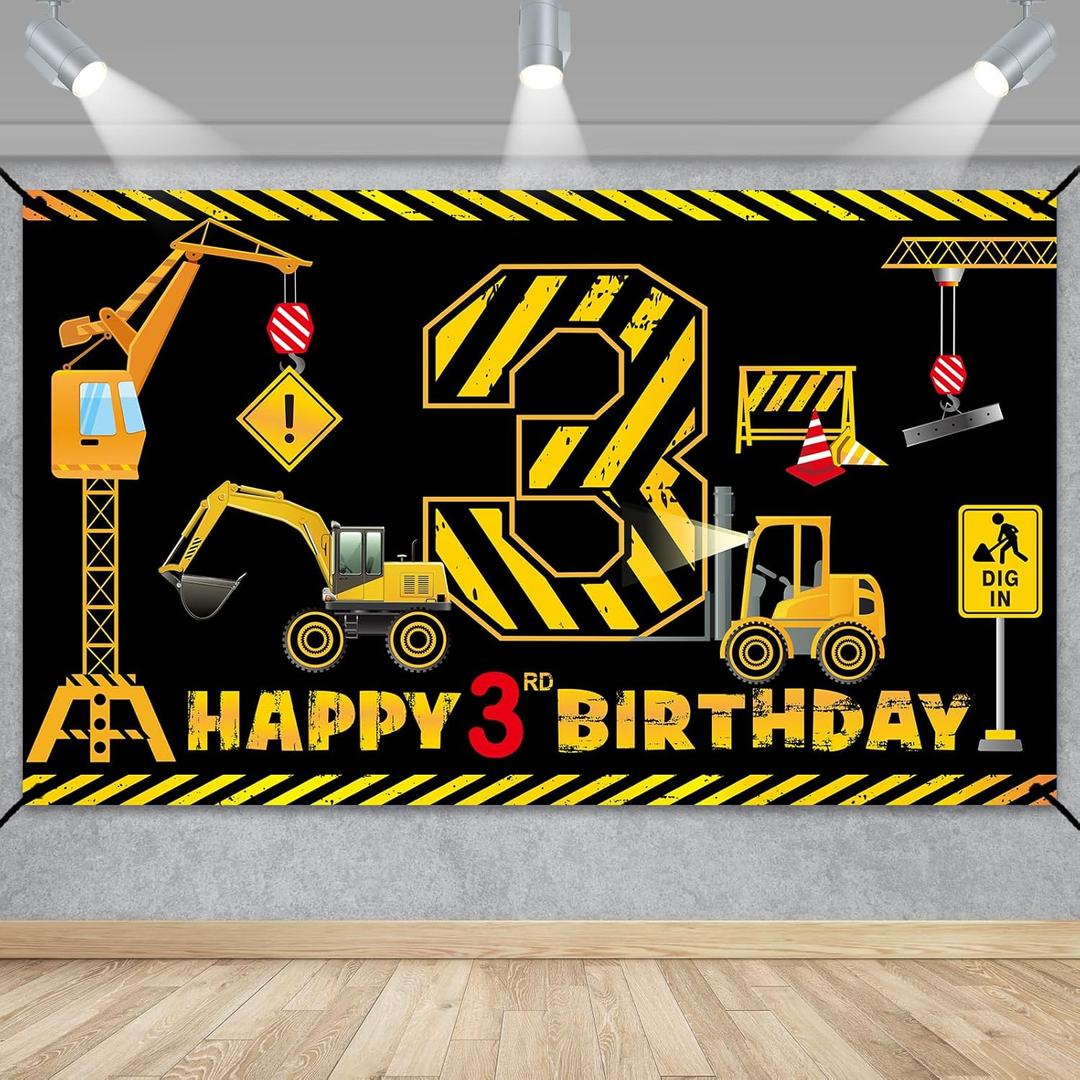 3rd Birthday Decorations for Boys, Excavator Dump Truck Theme Third Birthday Banner Decorations Digger 3 Year Old Bday Banner Backdrop Party Supplies Sign