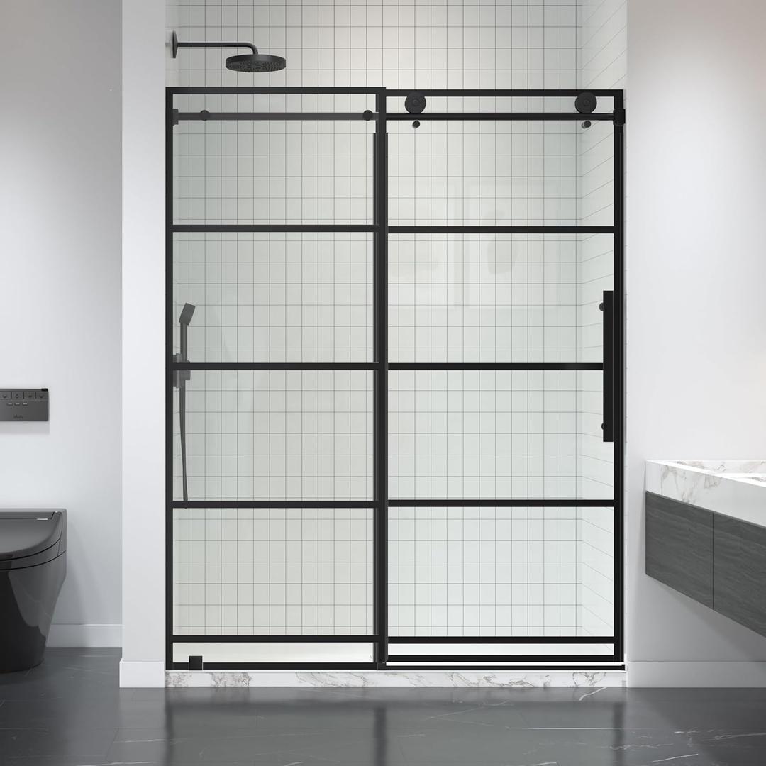 Frameless Shower Door 55-60" W x 75" H Single Sliding Glass Shower Door with 5/16" (8mm) Black Grid Pattern Thick Clear Tempered Glass in Matte Black, Reversible Installation