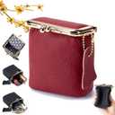 Genuine Leather Mini Jewelry Box, Portable Genuine Leather Mini Coin Jewelry Purse, Vintage Travel Jewelry Case Organizer with Kiss Lock, for Earring, Ring, Necklace Coin or Lipstick(Red)