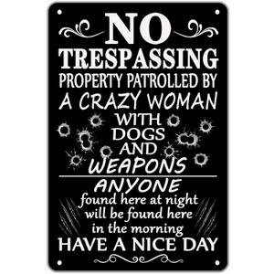 Funny No Trespassing Signs Private Property No Soliciting Yard Sign Beware Of Dog Warning Metal Tin Signs For House Door Home Protected Sign 8'' X 12'' (black)