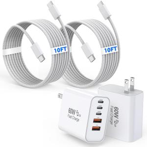 60W iPhone 17 16 15 Pro Charger Fast Charging,2Pack 10FT 5-Port USB C Charger Super Fast Charging Block Long 10Foot Woven Cable USBC Cord for iPhone 17/17 Air/17 Pro Max/16e/16/15/15 Pro Max,iPad Pro