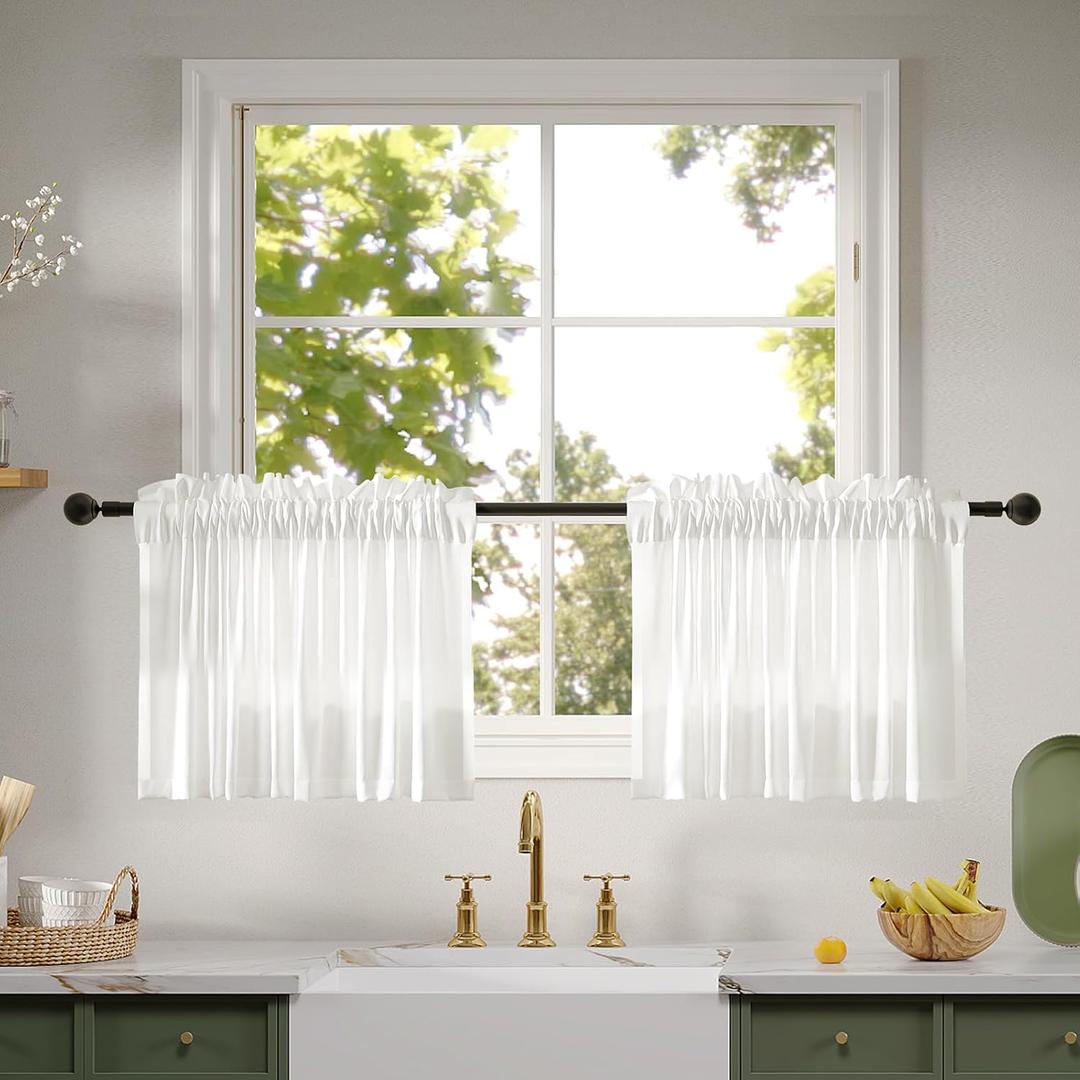 Anmao Non-See-Through Valance Kitchen Curtains 18 Inch Length 2 Panels Set, Off White Privacy Light Filtering Semi Sheer Over Sink Short Cafe Curtain Tiers for Small Windows, 25W x 18L, Ivory White