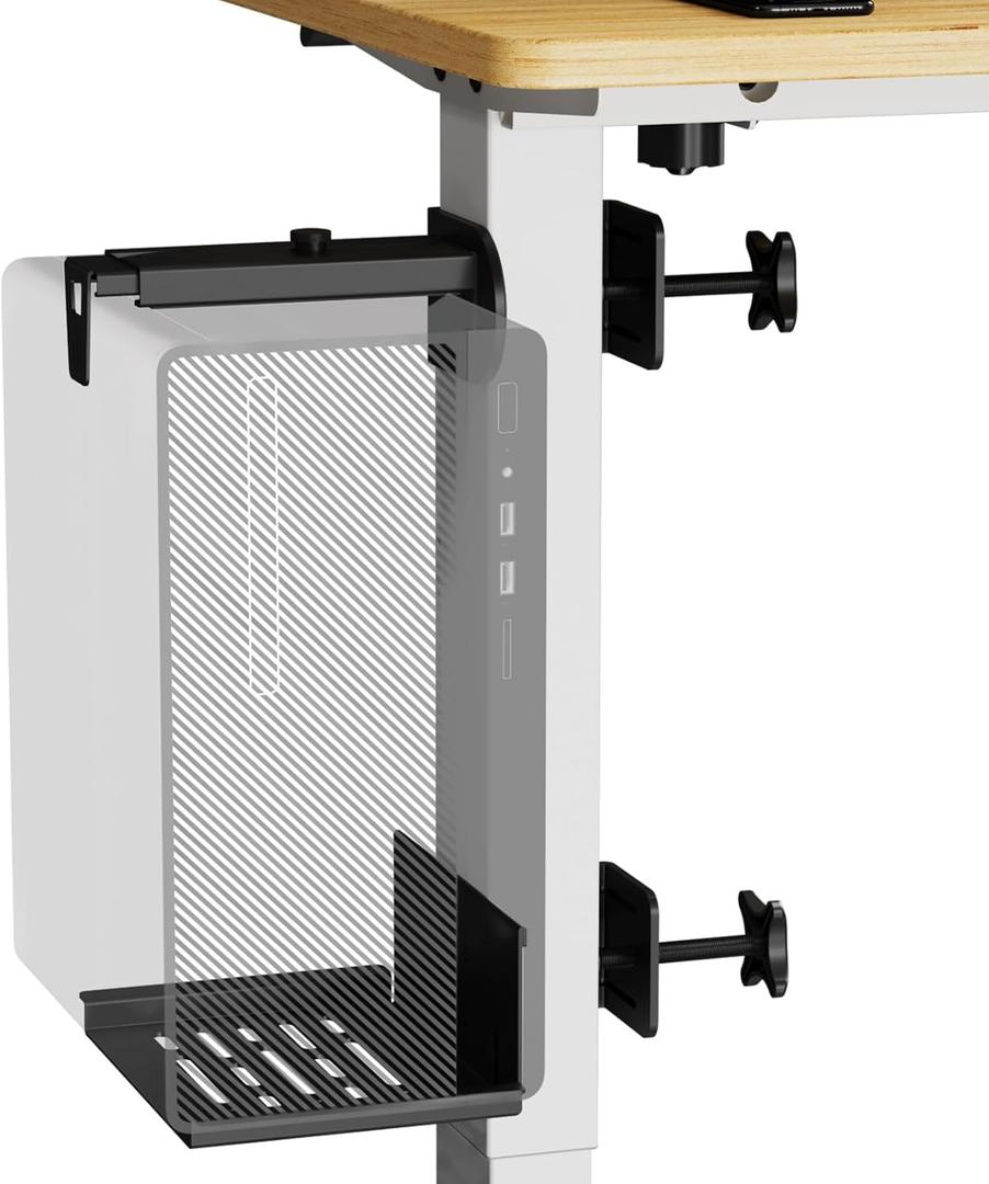 JOY worker Clamp-on Desk Leg PC Mount, No Drilling Under Desk PC Mount Adjustable Height and Width, Computer Case CPU Holder Holds up to 33 lbs, Fits Most Computer Tower, Black