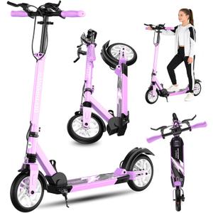 Scooter for Adults Foldable Manual, Heavy Duty Kick Scooter Teens, 8-Inch Big Wheels, Three-Brake & 4 Adjustable Height Levels, 300 Lbs Max Load, Perfect for School, Campus and Park Rides (Purple)