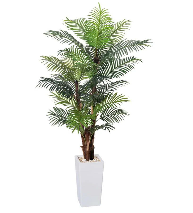 Artificial Palm Tree 7FT, Fake Tree with Realistic Fiber Trunks and White Tall Planter, Faux Tropical Areca Floor Plant in Pot, Artificial Silk Plant for Home Decor Office Decor Indoor