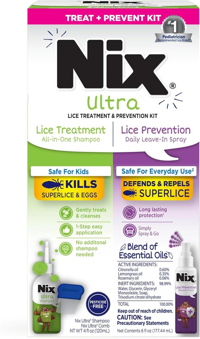Nix Lice Treatment & Prevention Kit, All-in-One Shampoo, 4 fl oz, with Lice Removal Comb and Lice Prevention Daily Leave-in Spray, 6 fl oz