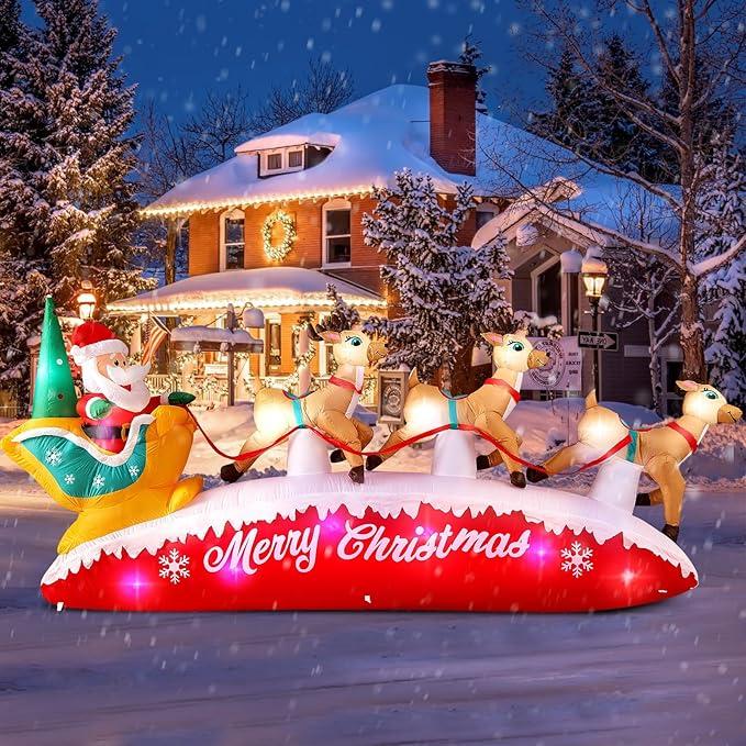 10 FT Long Christmas Inflatables Outdoor Decorations, Giant Blow Up Yard Decorations Santa Sleigh and Reindeer with Built-in Super Bright Energy Saving LEDs for Garden Lawn Xmas Decor