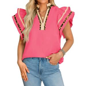 Cicy Bell Womens Ruffle Cap Sleeve Tops Color Block V Neck Dressy Casual Blouses Summer Pleated Loose Fit Shirts XL Rose Red