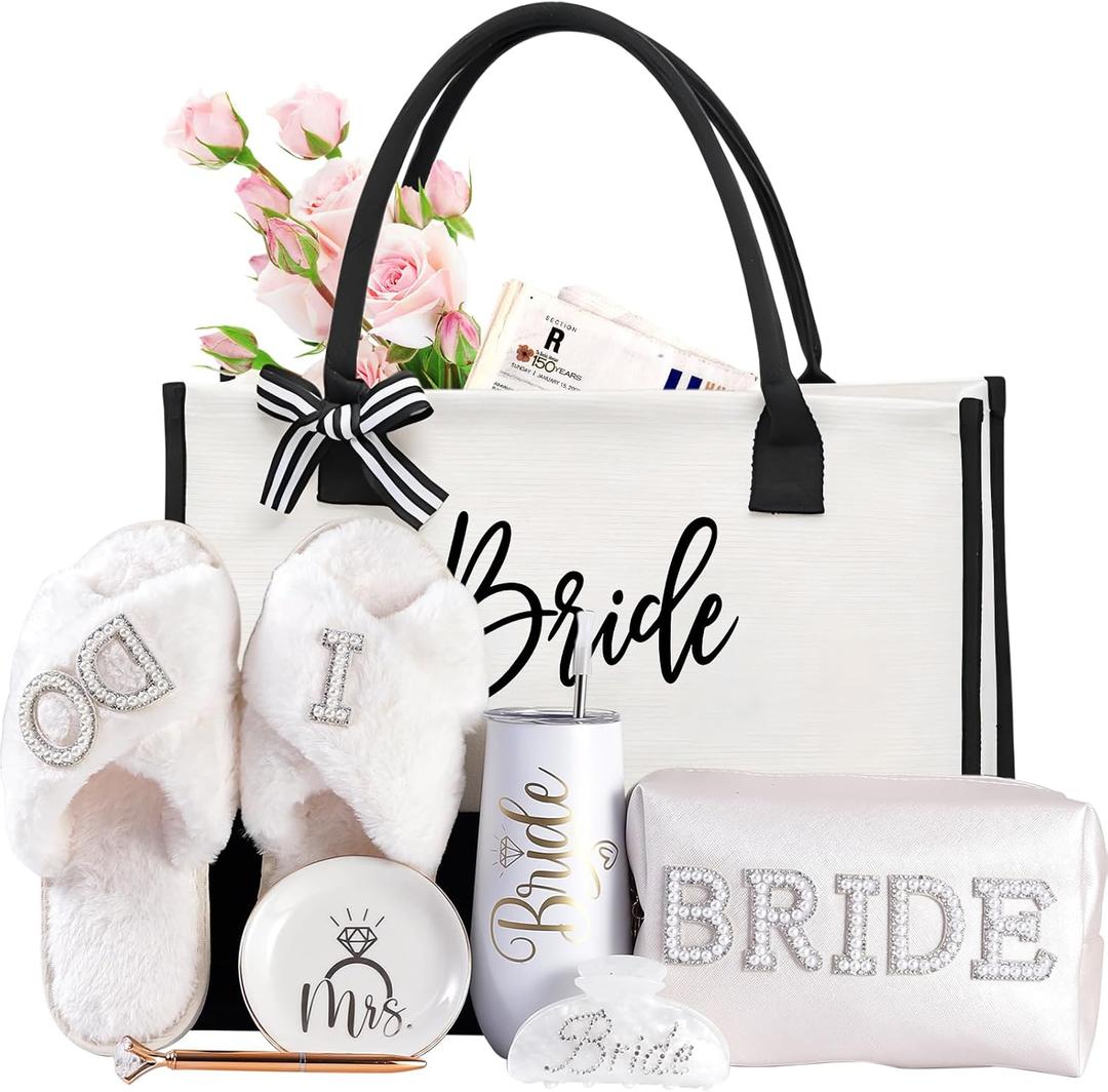 Bridal Shower Gifts7-Piece Bride Gift Set with Tumbler, Tote, Slippers, Makeup Bag & More-Gift for Bride to be Bachelorette Gifts for Her