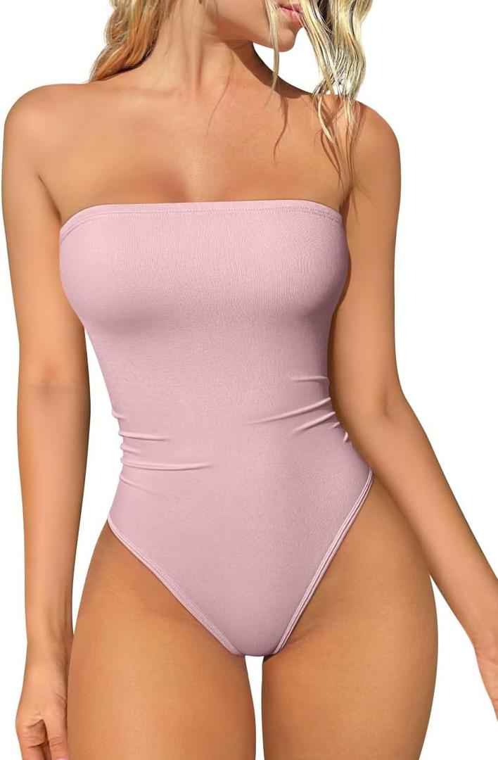 OQQ Womens Tube Bodysuits Strapless Basic Sleeveless Ruched Stretch Classic-Fit Tops Sexy Bodysuits (Large, Hide Pink)