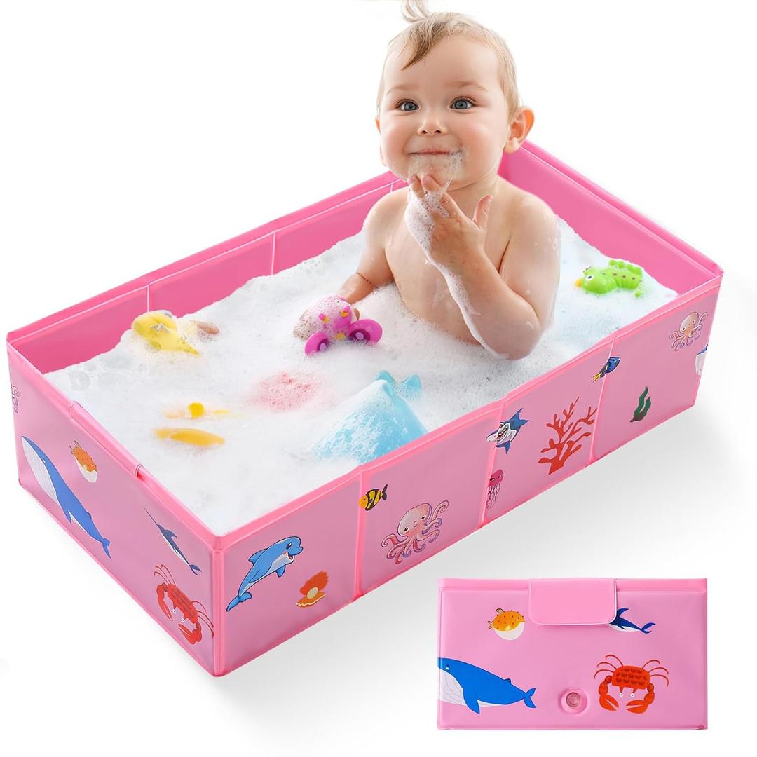 Collapsible Baby Bathtub, Portable Foldable Travel Baby Bath for Infant Toddler, Converts Shower to Tub, No Assembly Folds Flat for Storage, 6M-5 Years, Pink