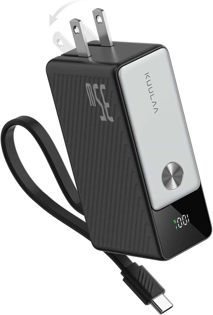 Kuulaa 35W Portable Charger with Built in Cable and AC Wall Plug, 5000 mAh Mini Power Bank, External Battery Pack for iPhone 16/15/14/13 Series, Samsung, iPad etc