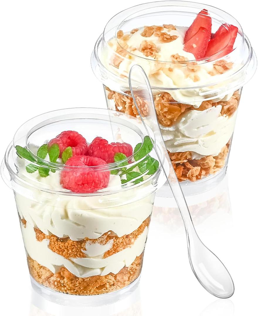 TOFLEN 6 oz Mini Dessert Cups with Lids and Spoons 150 Pcs | Serves 50 | Small Plastic Cake Cups Round Party Serving Cups for Parfait, Appetizers, Mousse, Dessert Shot Glasses