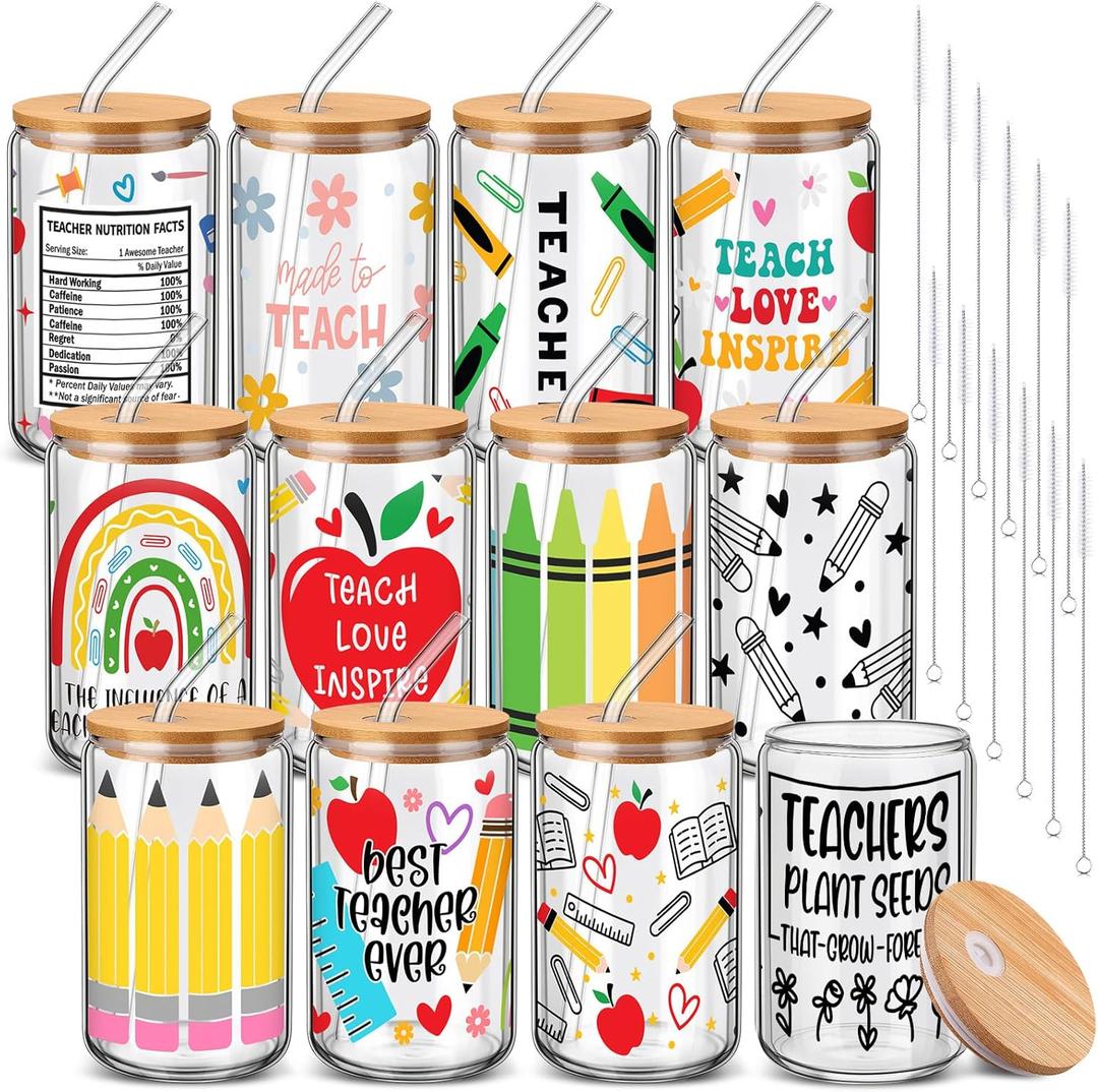 12 Sets End of Year Teacher Gifts Bulk 2026 Teacher Appreciation Glass Cup with Lid and Straw 16 oz Apple Crayon Pencil Iced Coffee Tumbler Thank You Gifts for Daycare Preschool Graduation