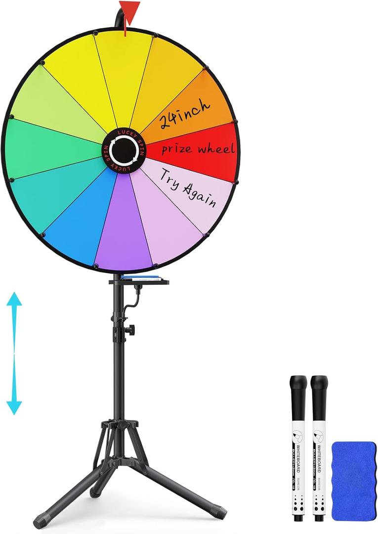 24 Inch Prize Wheel, Adjustable 55"-61" Height Spinning Wheel for Prizes, Storable Wheel Spinner with Stand- Roulette Wheel for Party Games, Carnival, Business Events & Classroom Activities